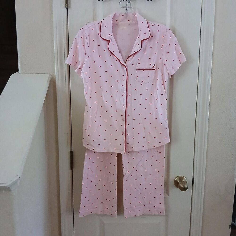 Nautica Pink & Red Heart 100% Cotton Pajama Set Pants Short Sleeve Button Top S